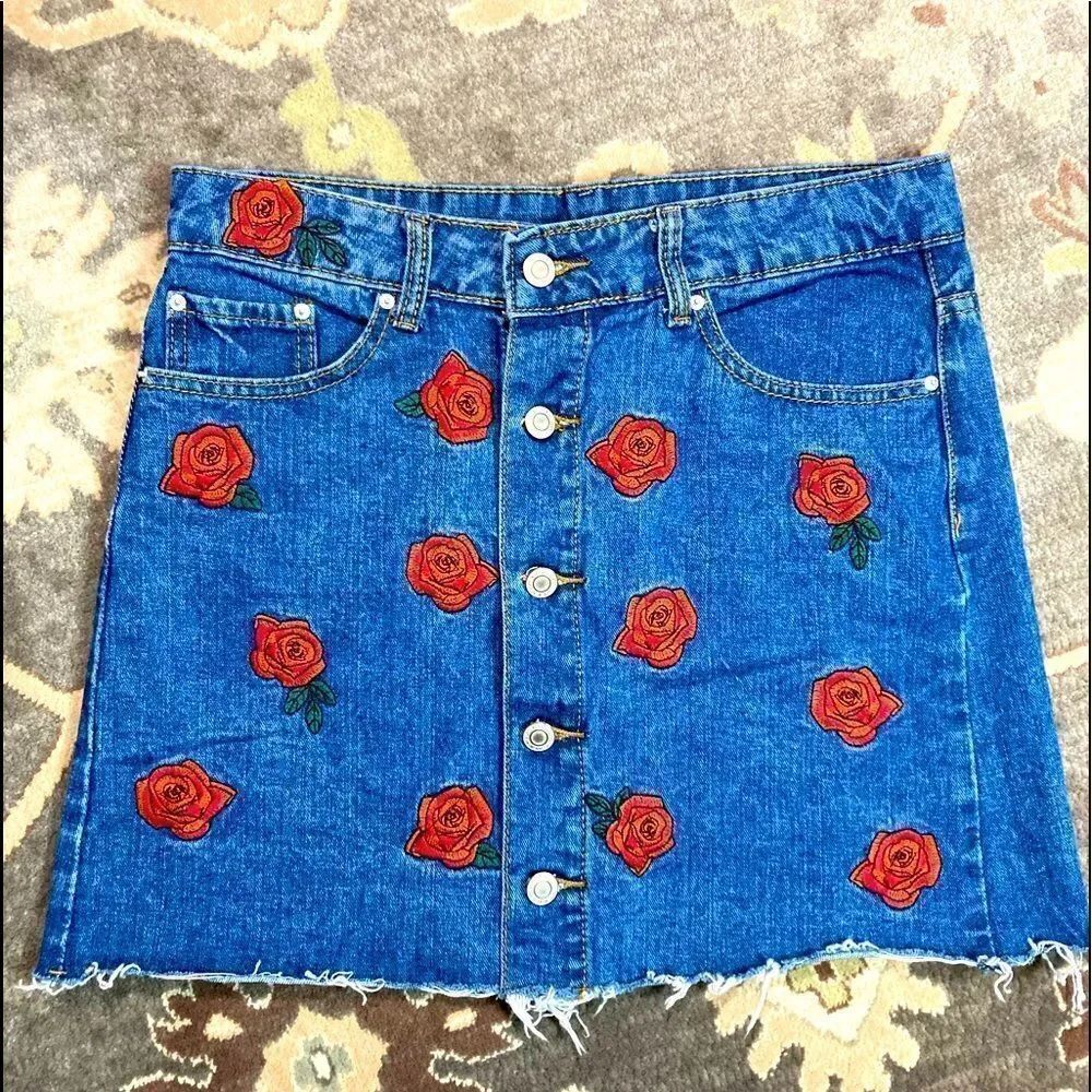 Denim Distressed Rose Embroidered Button Down Skirt - Picture 1 of 15